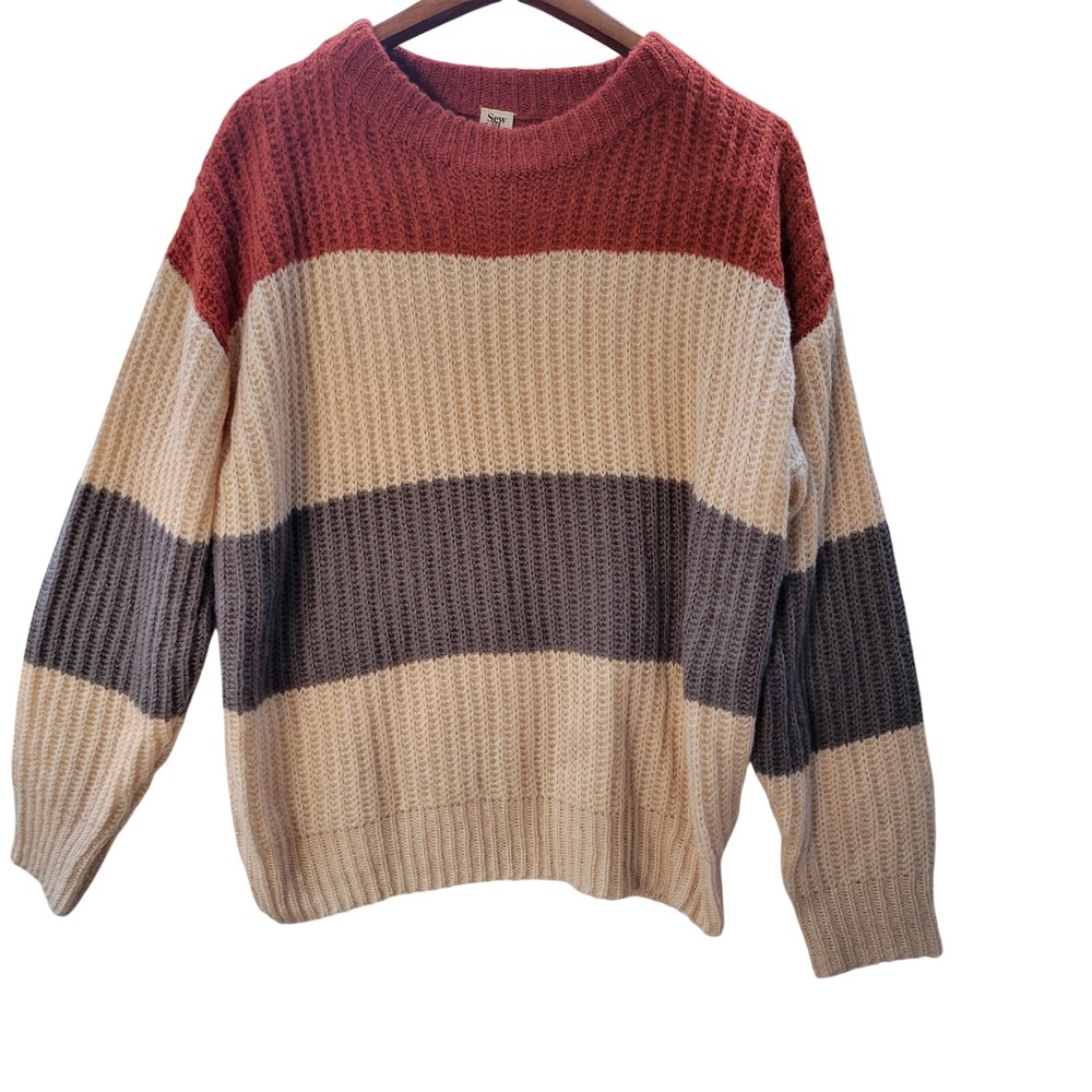 Sew In Love Striped Sweater Womens Small Orange Cream Grey Excellent Boho Cozy‎